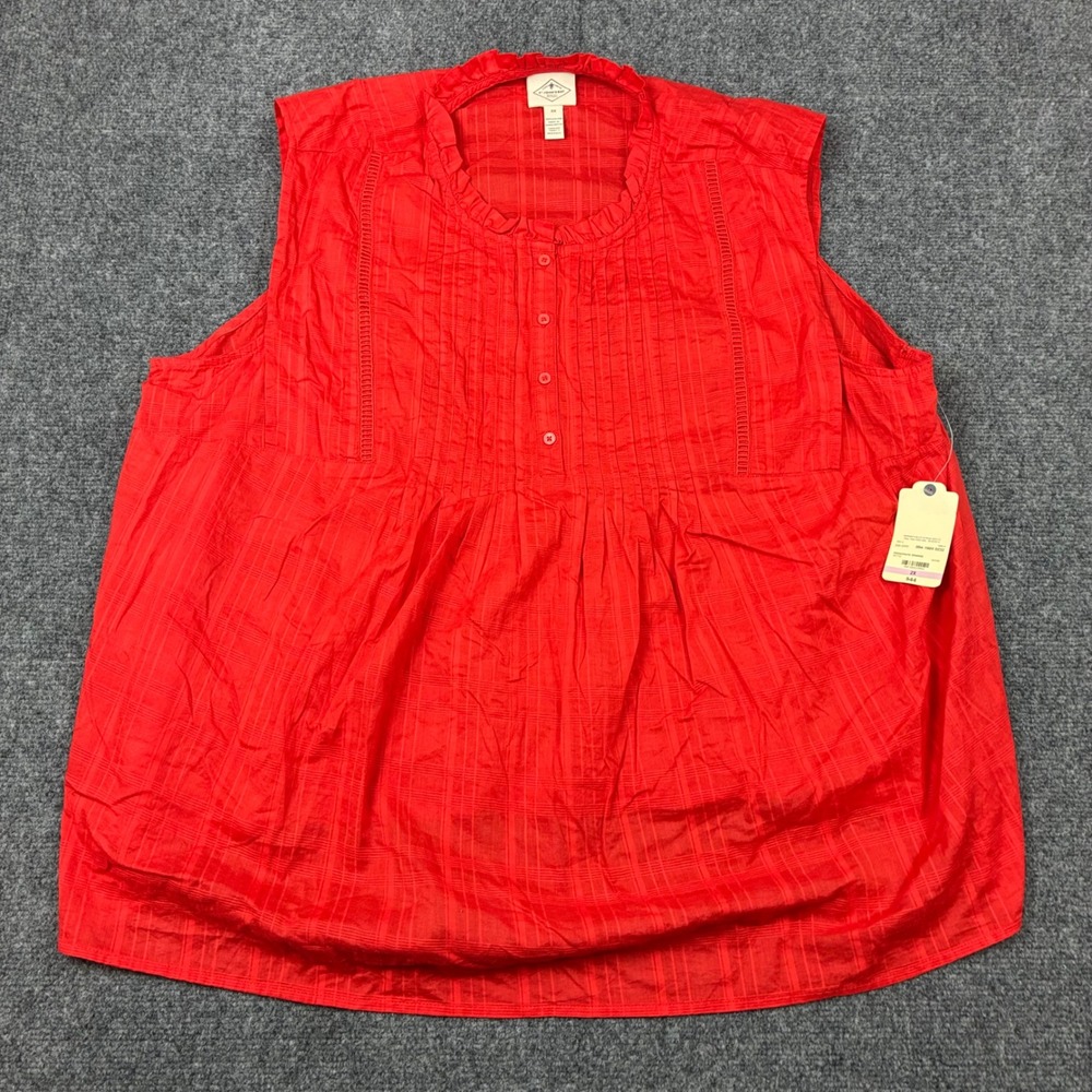 St Johns Bay Womens Size 2XL Orange Sleeveless Ruffle Neck Pintuck Blouse NEW
